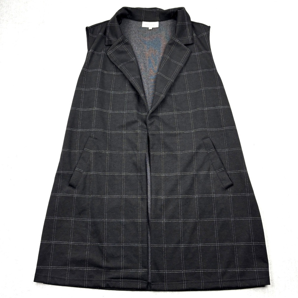Melloday Vest Womens XL Black Windowpane Grid Long Duster Blazer Vest Size XL